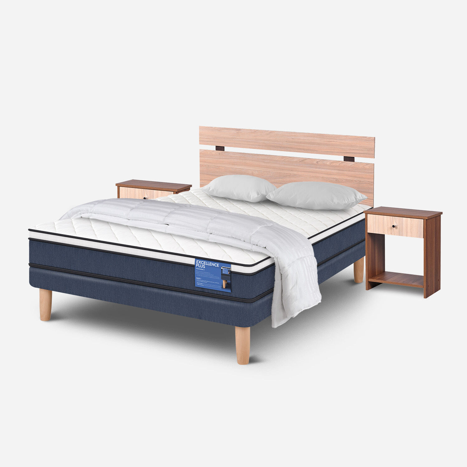 Cama Europea 2 Plazas Excellence Plus Base Normal + Almohadas + Plum&oacute;n + Set Olmo