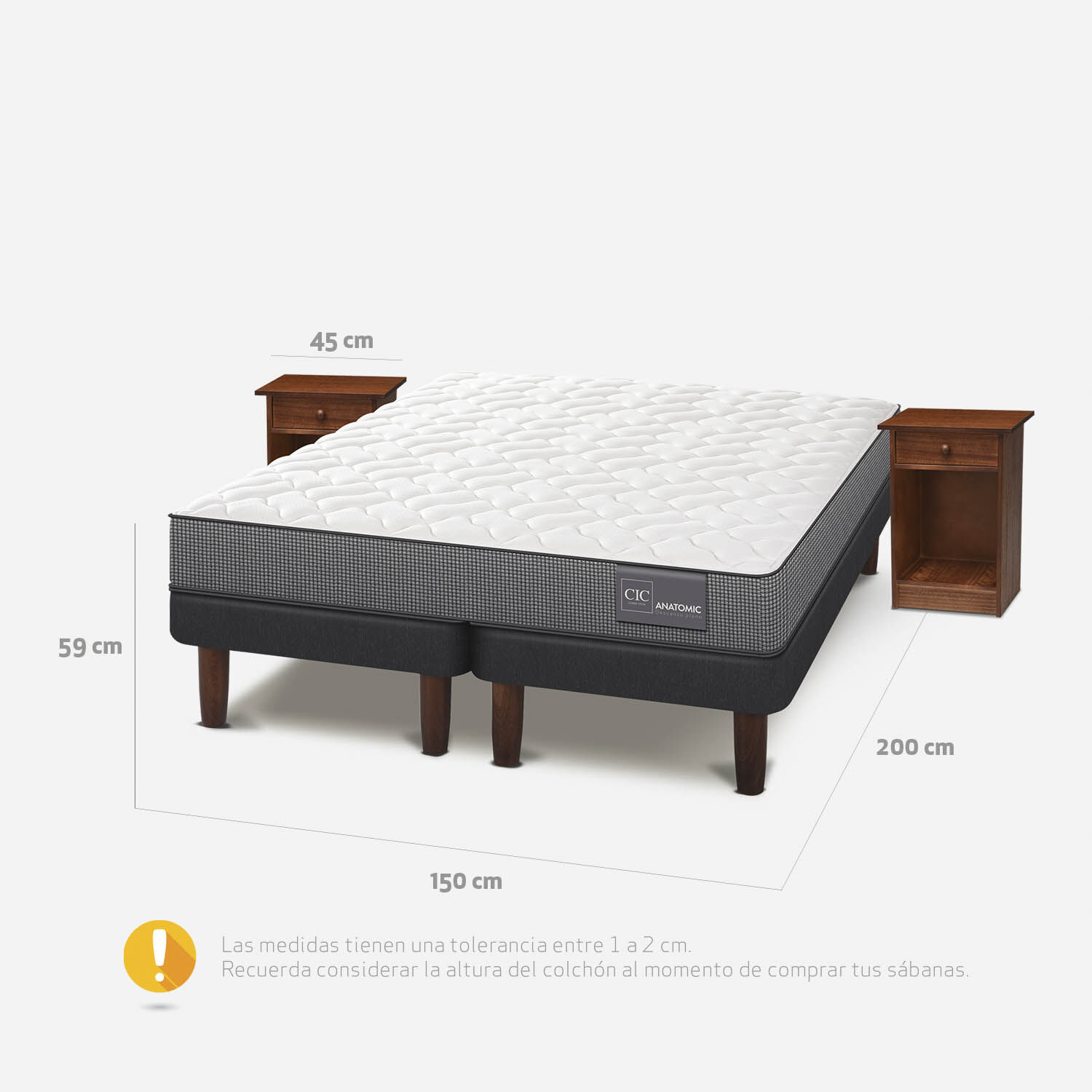 Cama Europea 2 Plazas Base Dividida Anatomic + Veladores Villarrica