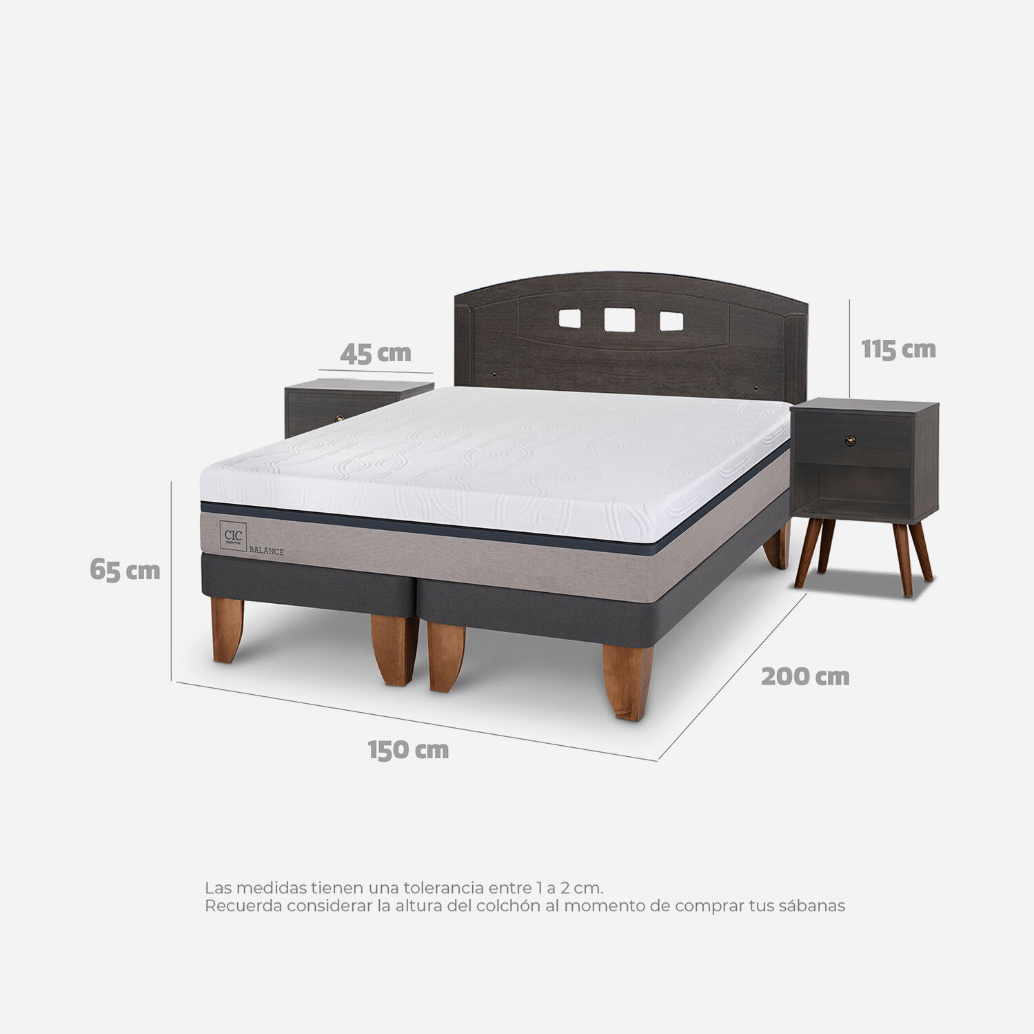 Cama Europea 2 Plazas Balance Base Dividida + Set Gales Gris