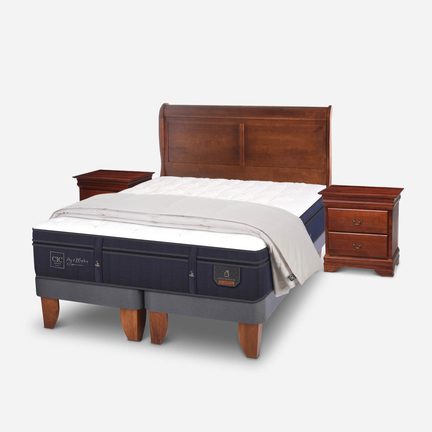 Cama Europea 2 Plazas Base Dividida Super Premium + Set Miró + Almohadas 100% de Pluma de Ganso