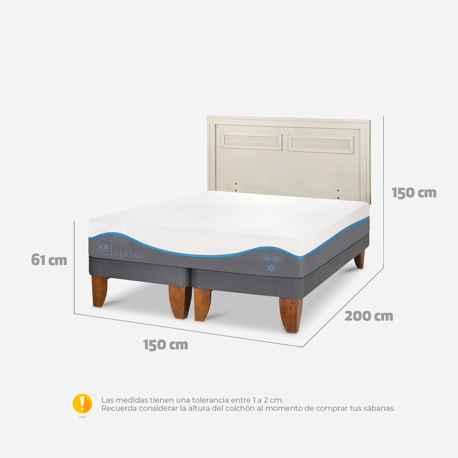Cama Europea 2 Plazas Alaska Base Dividida + Respaldo Milán Alpino