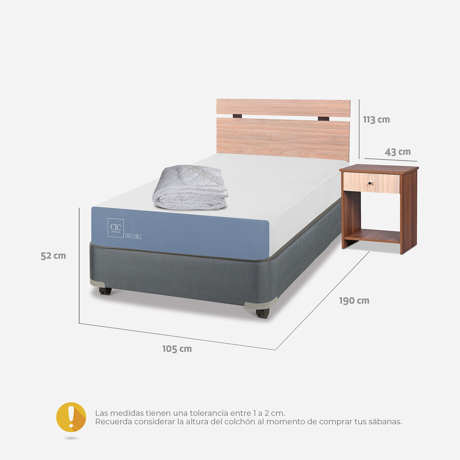 Cama Americana 1,5 Plazas Excellence + Set Olmo + Plum&oacute;n