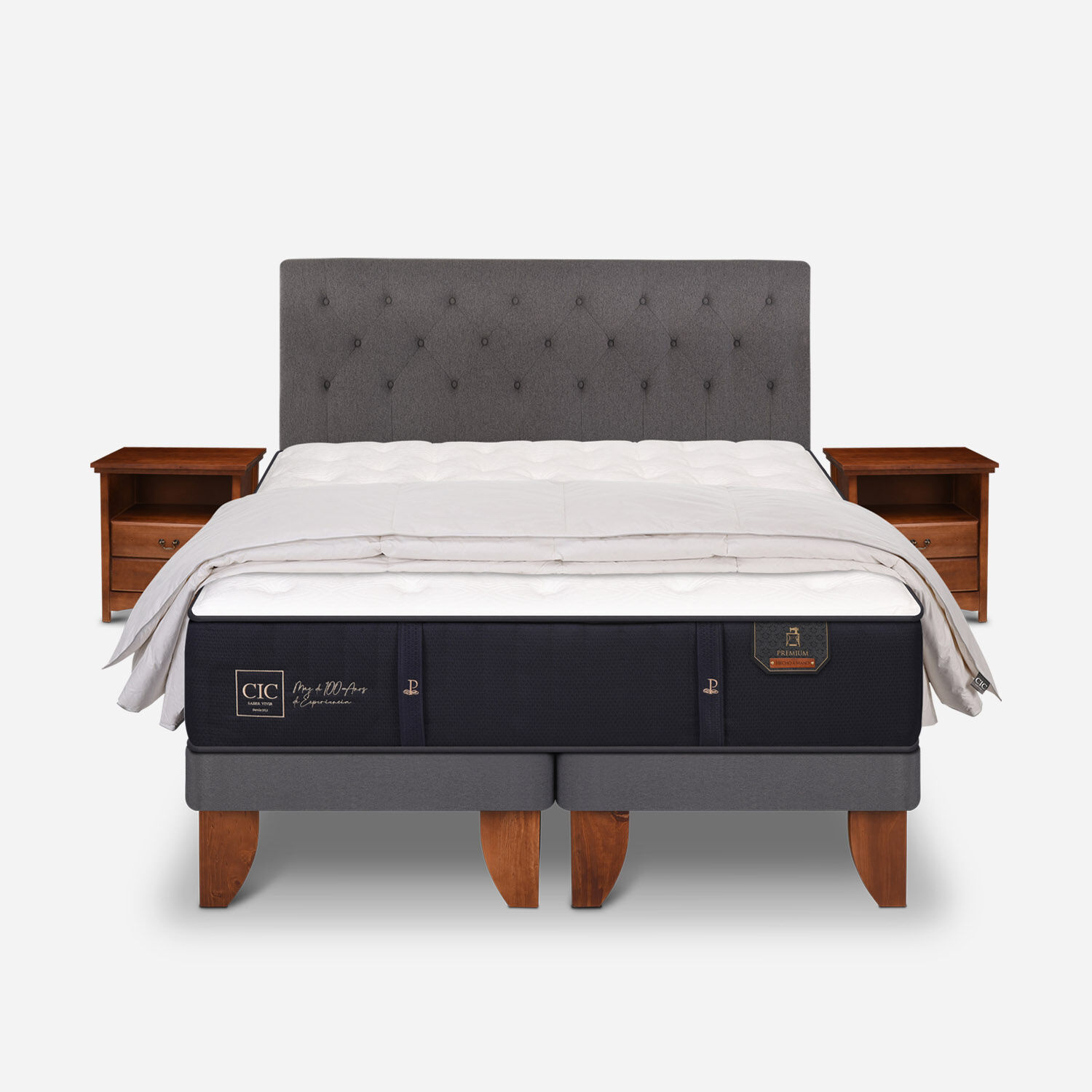 Cama Europea King Premium + Set Kaveri + Plum&oacute;n 100% Pluma de Ganso