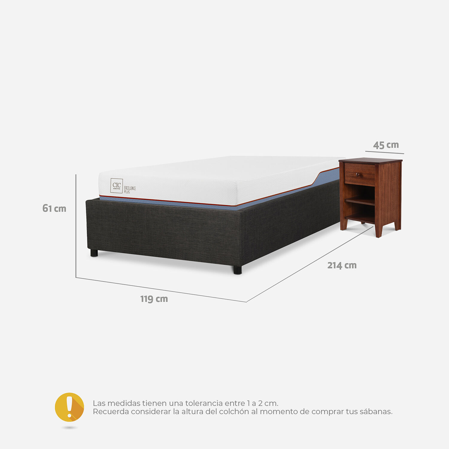 Cama Space Box 1.5 Plazas Excellence Plus + Velador New Torino