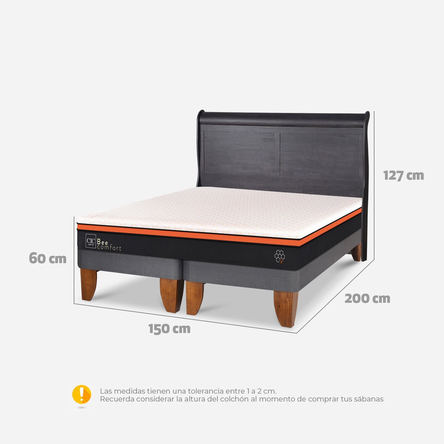 Cama Europea 2 Plazas Bee Comfort Base Dividida + Respaldo Miró Negro