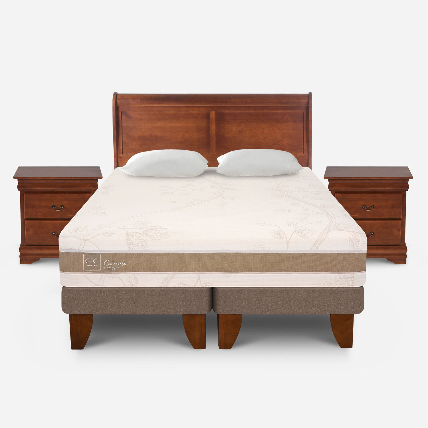 Cama Europea King Rilassati Infinity Base Dividida + Set Mir&oacute; Caramel + Almohadas Viscoel&aacute;sticas