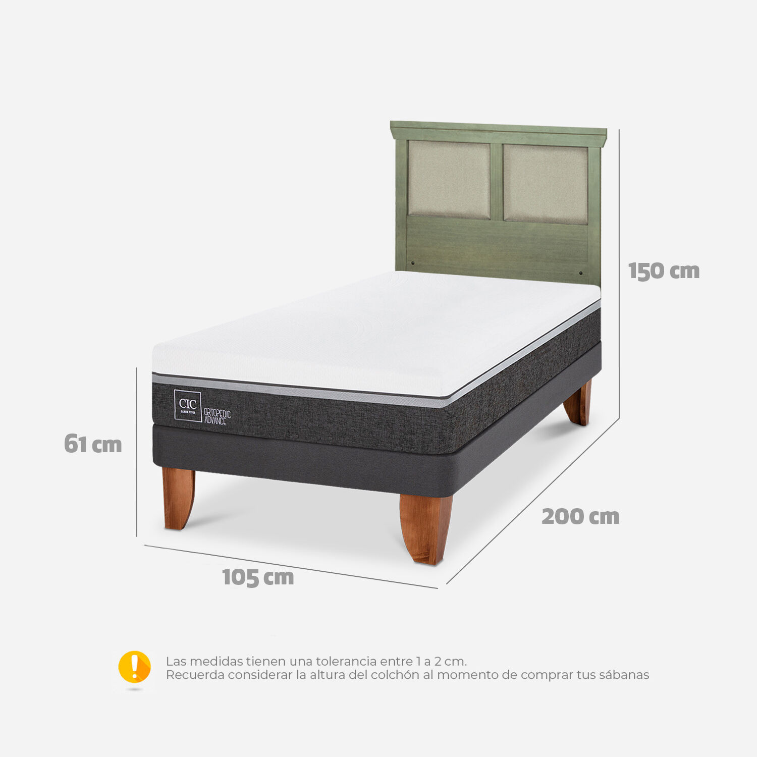 Cama Europea 1,5 Plazas Ortopedic Advance + Respaldo Torino Olivo