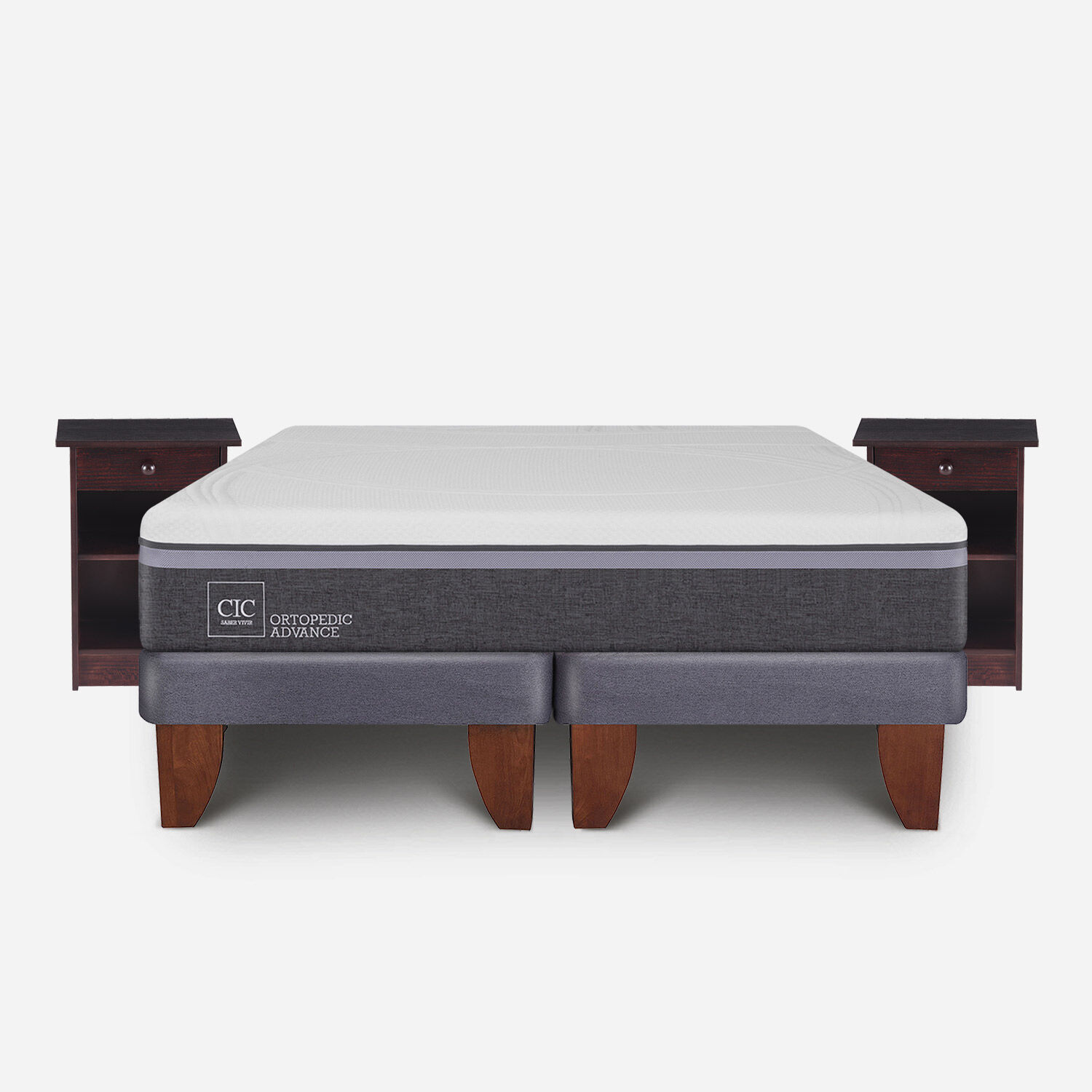 Cama Europea 2 Plazas Ortopedic Advance Base Dividida + Veladores Dublín Chocolate