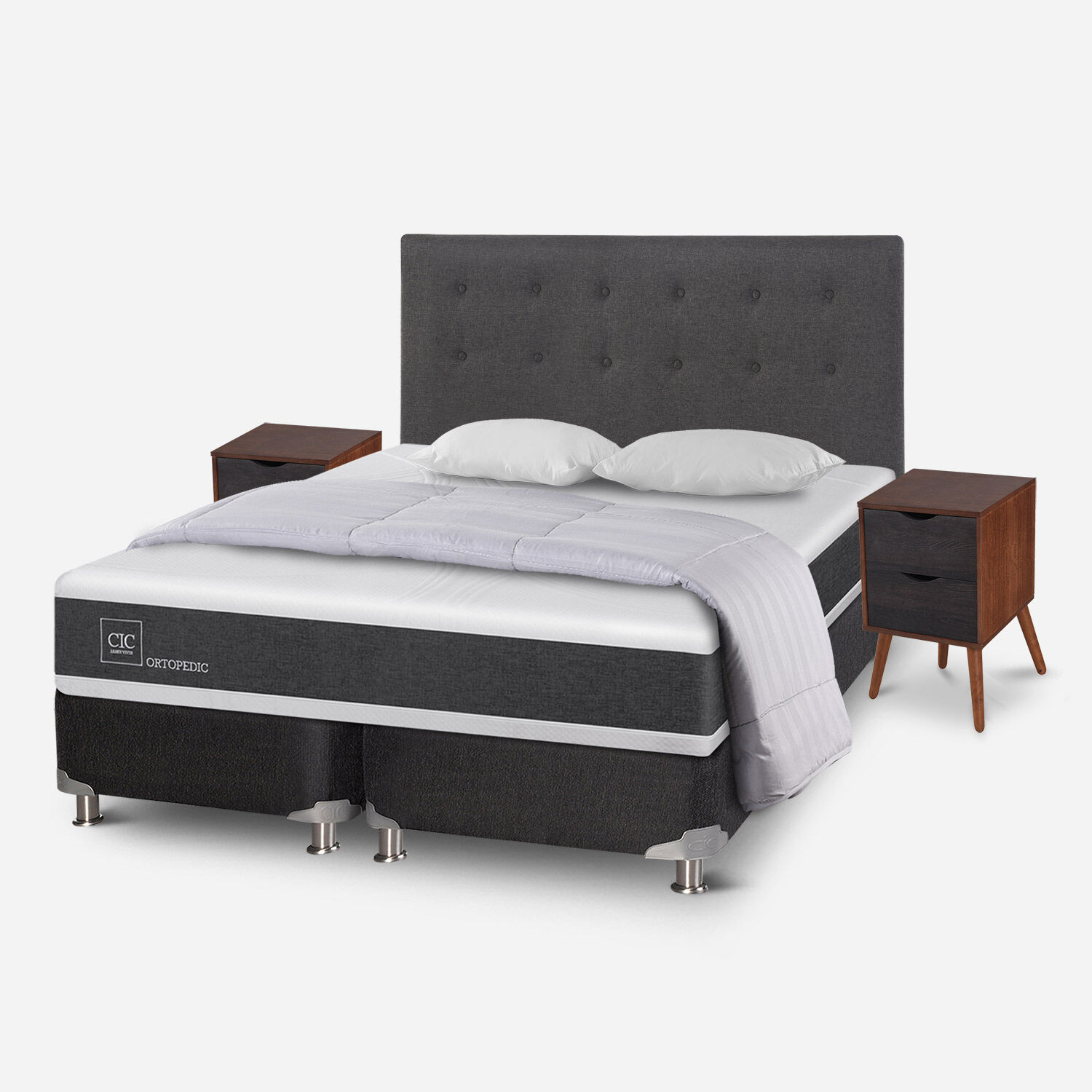 Box Spring 2 Plazas Ortopedic Base Dividida 5 Zonas + Almohadas + Plum&oacute;n + Set &Eacute;ufrates