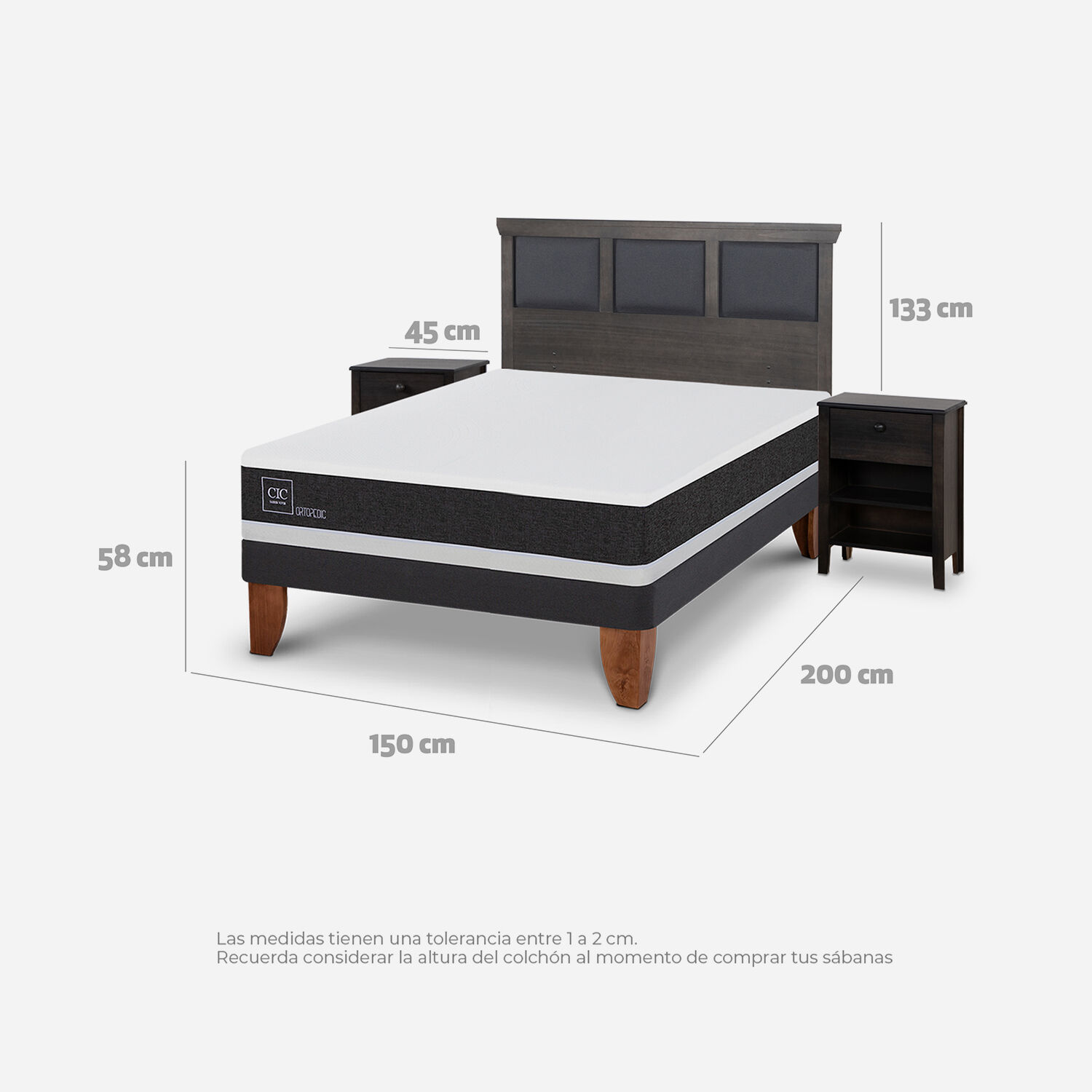 Cama Europea 2 Plazas Ortopedic Base Normal + Set Torino Gris