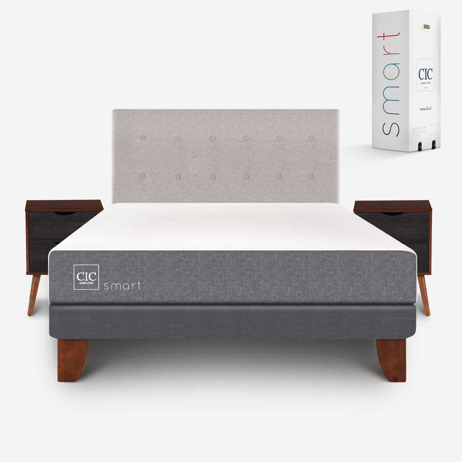 Cama Europea 2 Plazas Smart Base Normal + Set Tigris