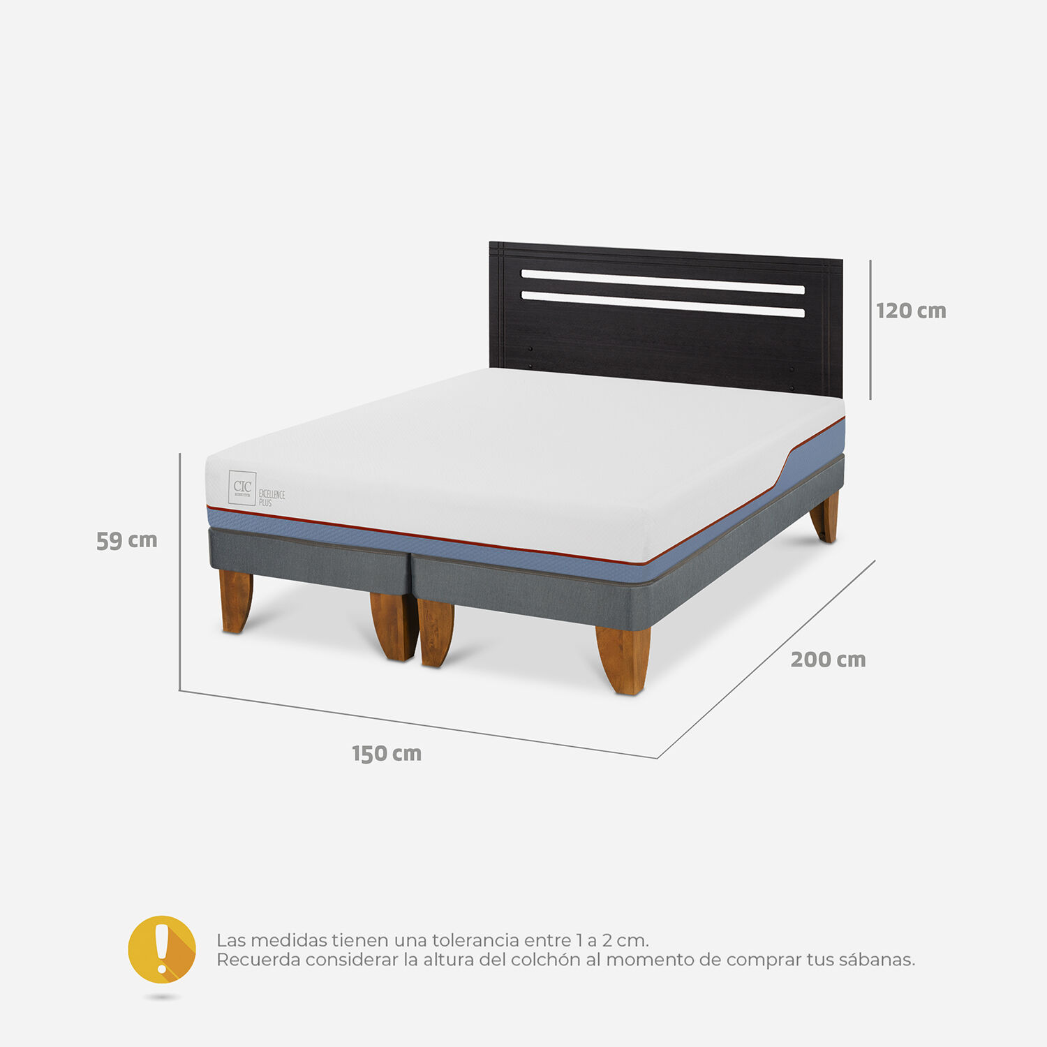 Cama Europea 2 Plazas Excellence Plus Base Dividida + Respaldo Múnich Negro