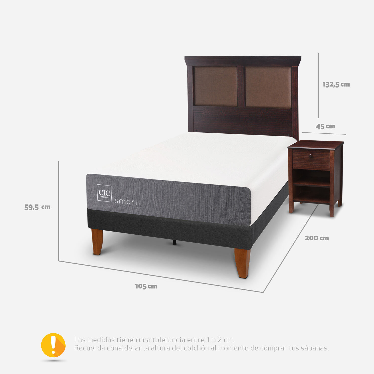 Cama Europea Curve 1.5 Plazas Smart + Set New Torino Choc
