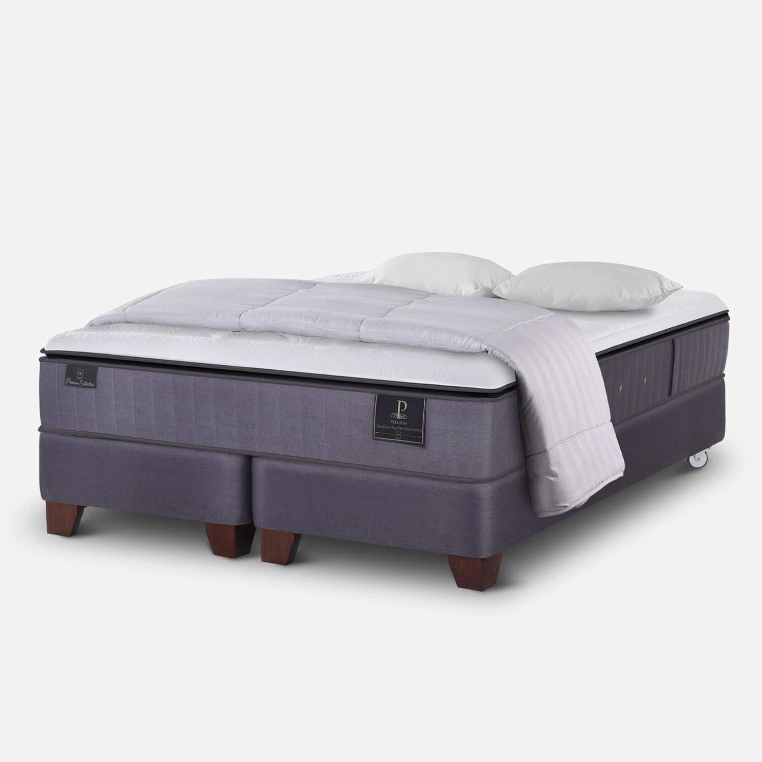 Box Spring 2 Plazas Premium Base Dividida + Almohadas + Plum&oacute;n