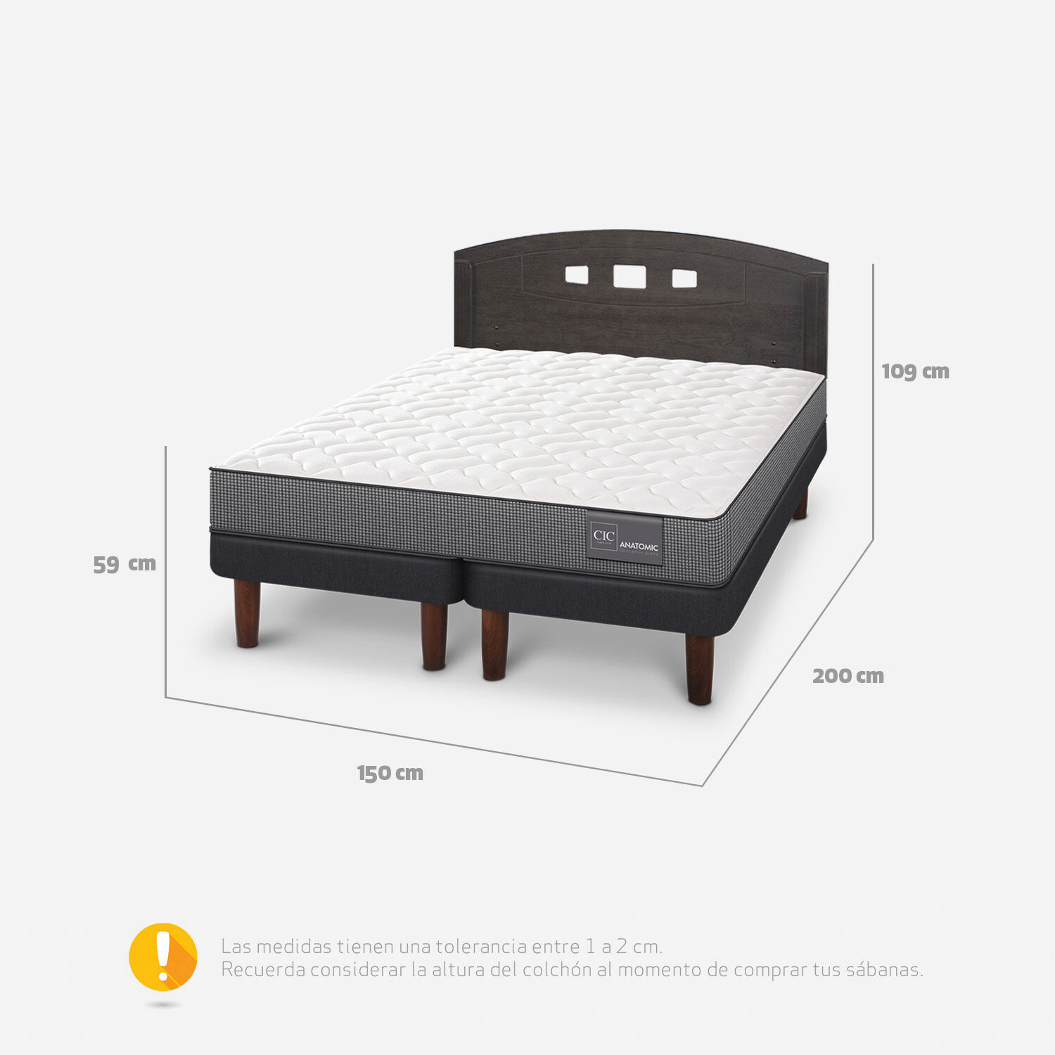 Cama Europea 2 Plazas Anatomic Base Dividida + Respaldo Gales Gris