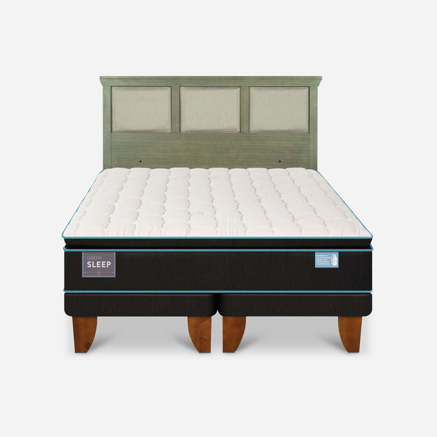 Cama Europea King Green Sleep + Respaldo Torino Olivo