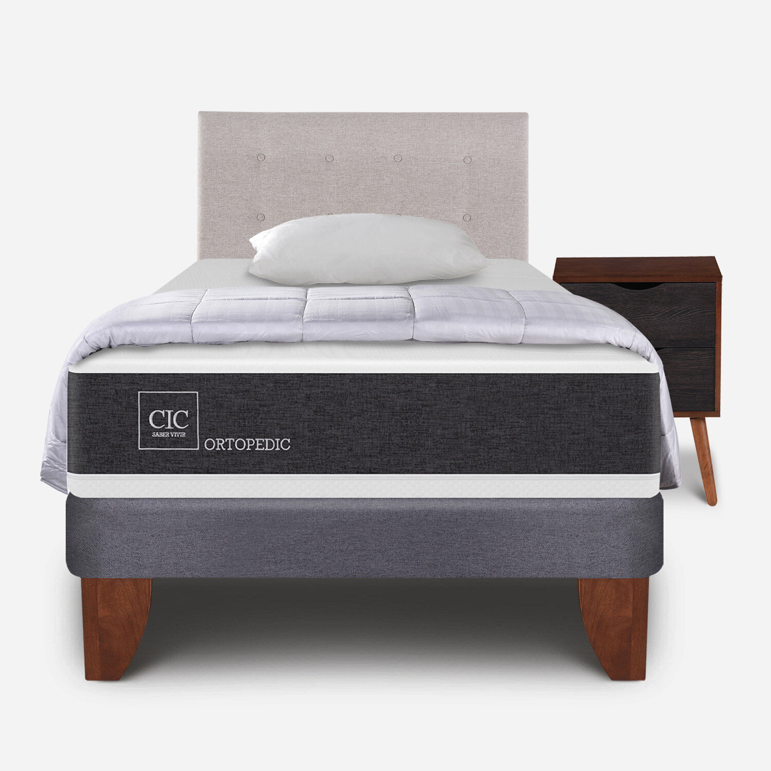 Cama Europea 1,5 Plazas Ortopedic + Almohada + Plum&oacute;n + Set Tigris