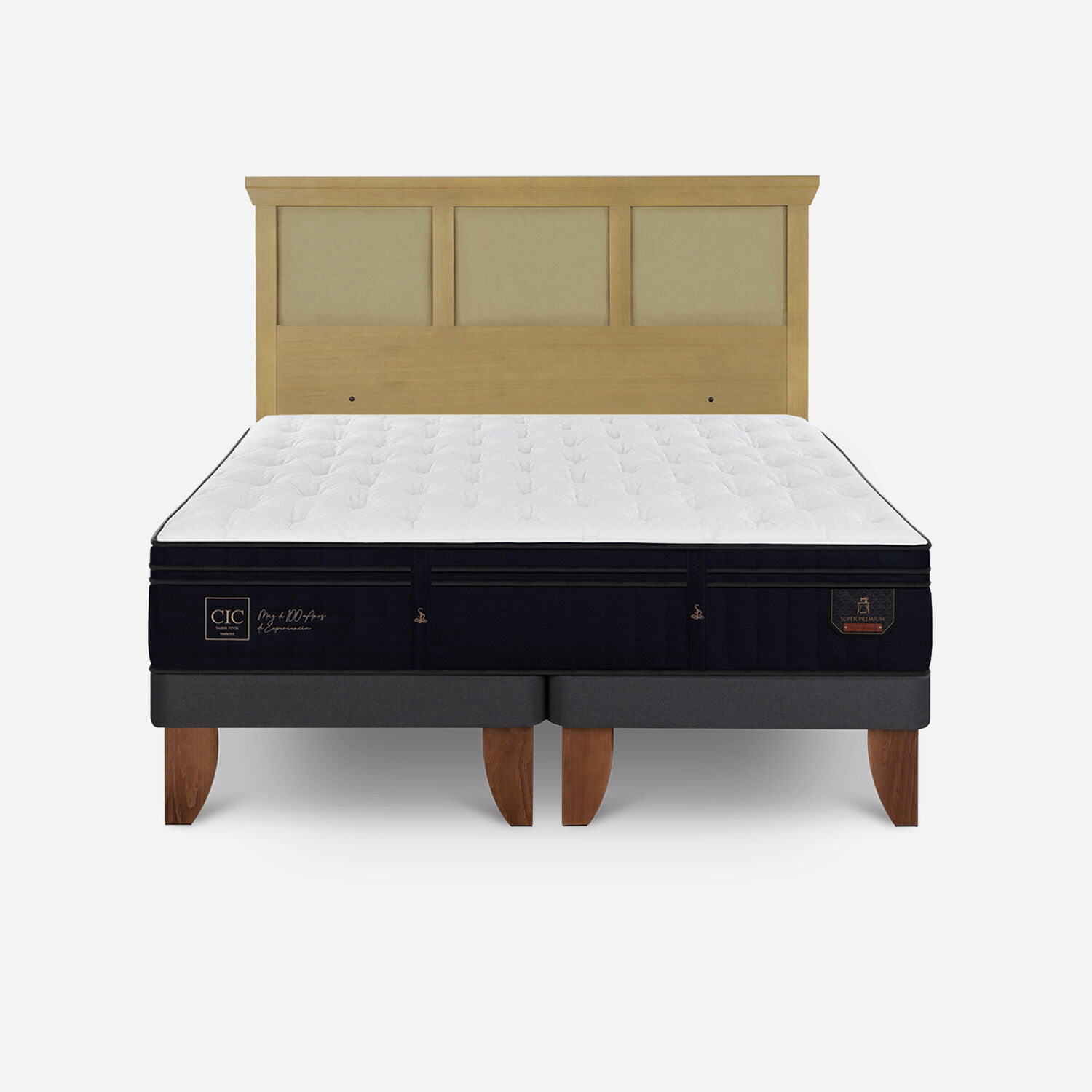 Cama Europea 2 Plazas Super Premium Base Dividida + Respaldo Torino Mostaza