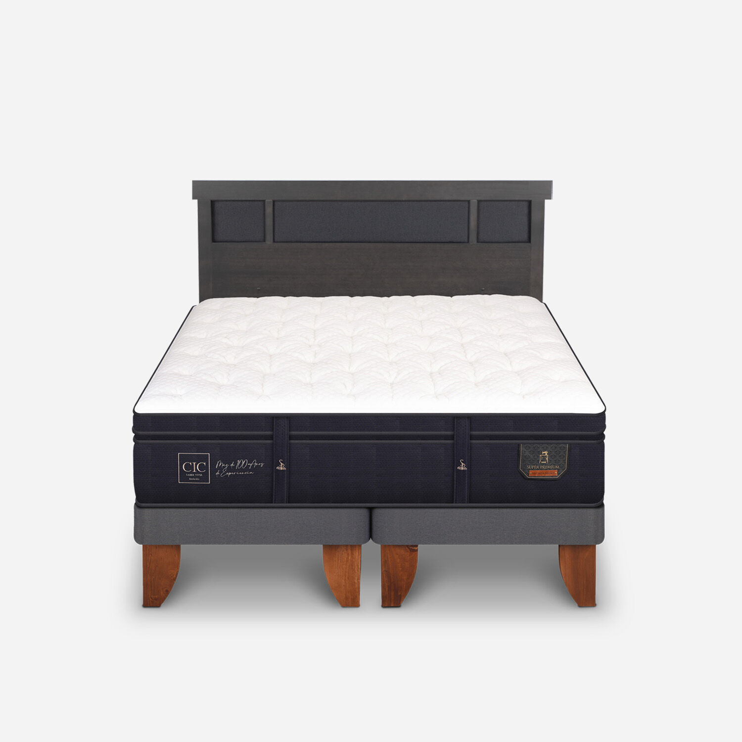 Cama Europea 2 Plazas Super Premium Base Dividida + Respaldo Dublín Gris