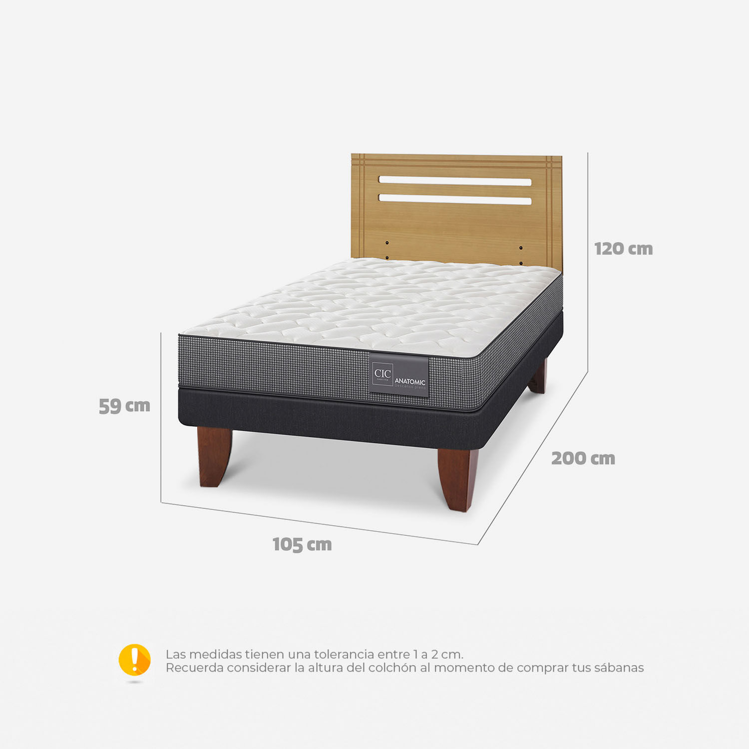 Cama Europea 1,5 Plazas Anatomic + Respaldo Múnich Mostaza