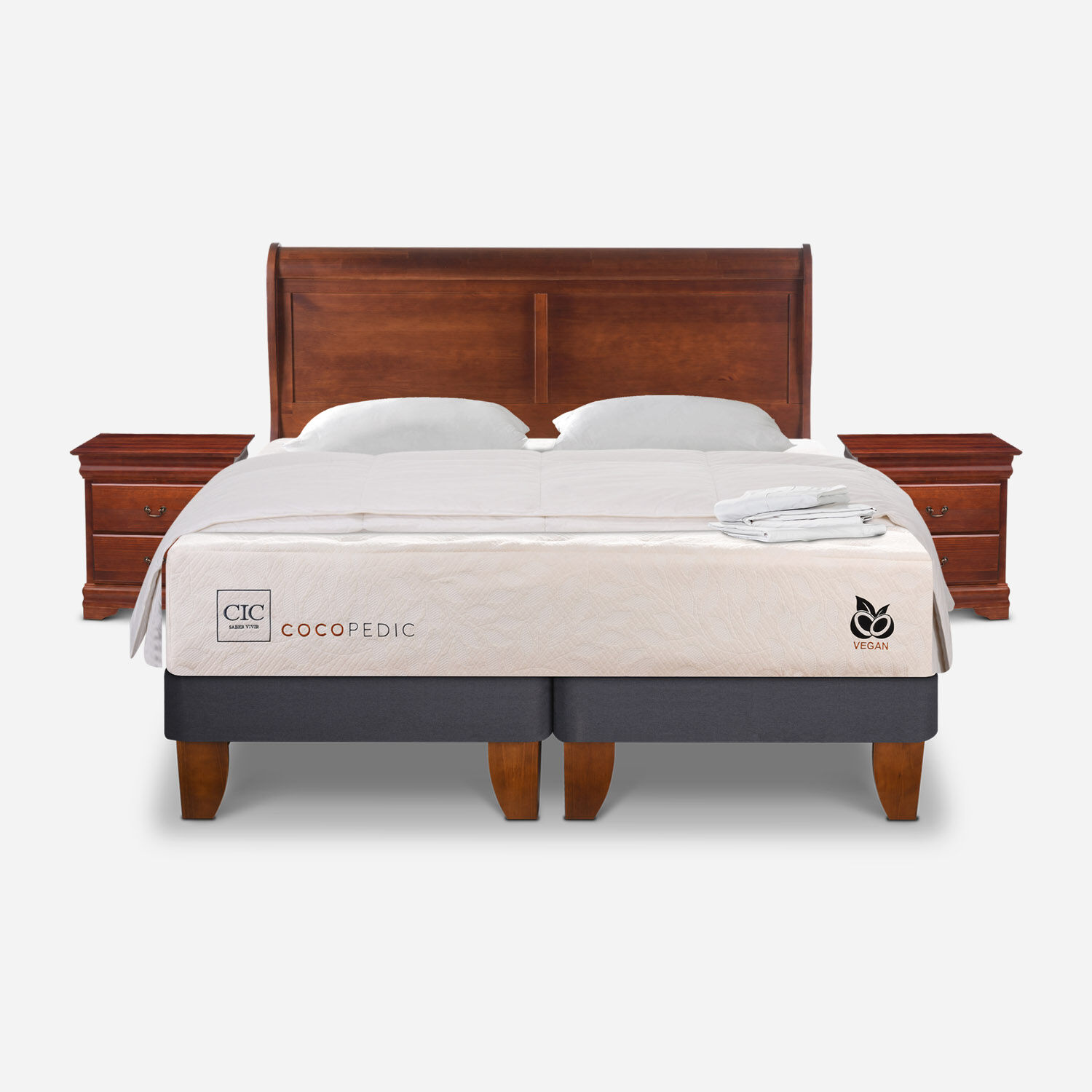Cama Europea 2 Plazas Cocopedic + Set Miró Caramel + Almohadas + Plumón + Sábanas