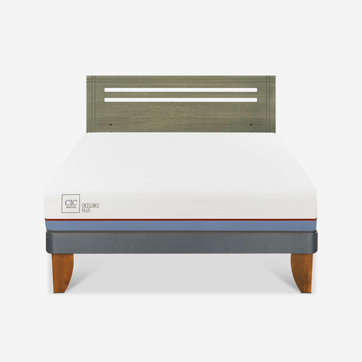 Cama Europea 2 Plazas Excellence Plus Base Normal + Respaldo M&uacute;nich Olivo