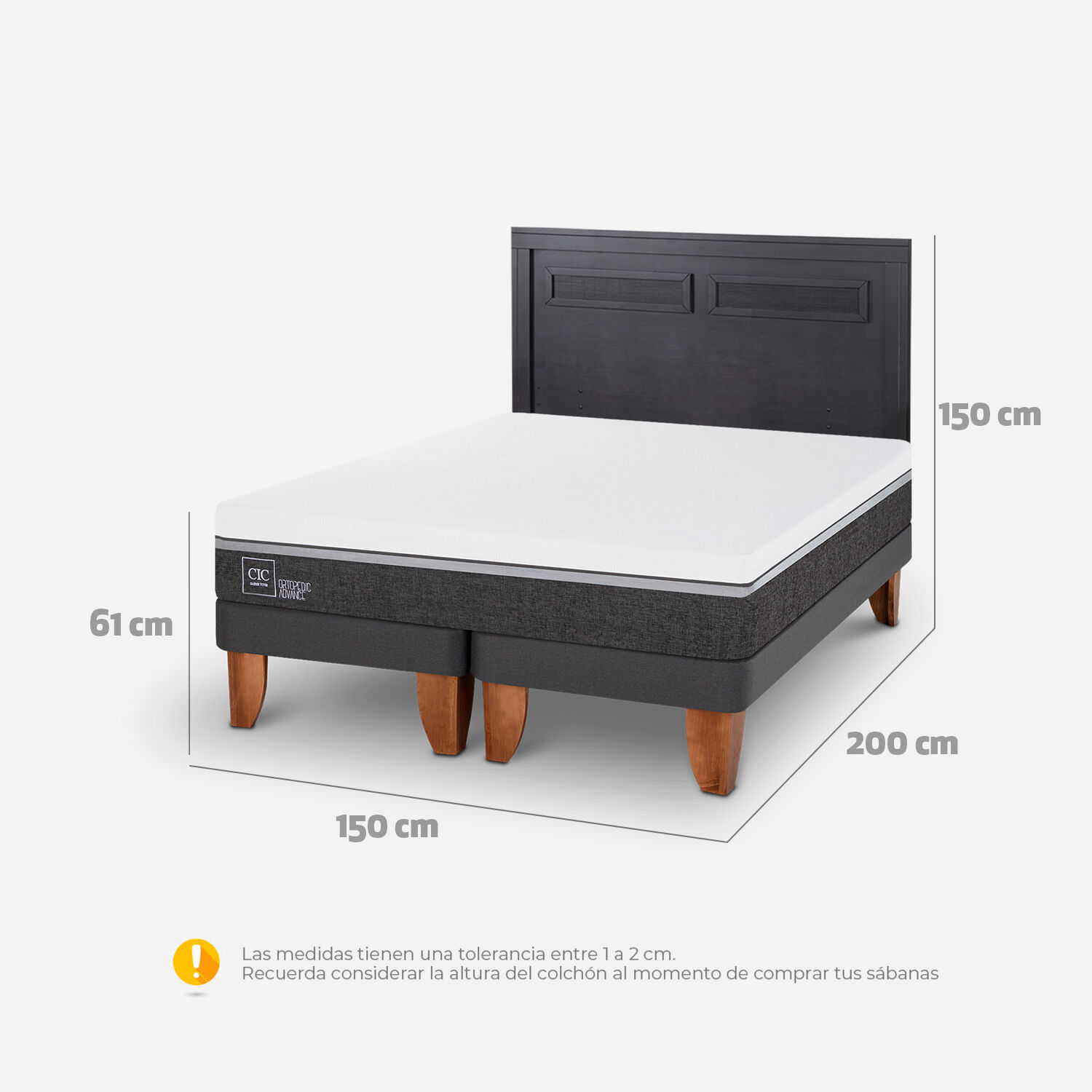 Cama Europea 2 Plazas Ortopedic Advance Base Dividida + Respaldo Milán Negro