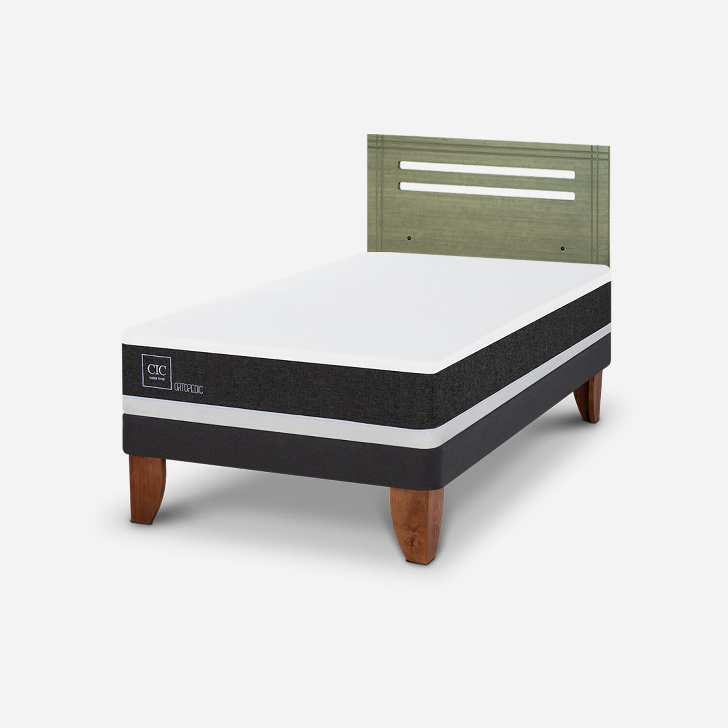 Cama Europea 1,5 Plazas Ortopedic + Respaldo M&uacute;nich Olivo