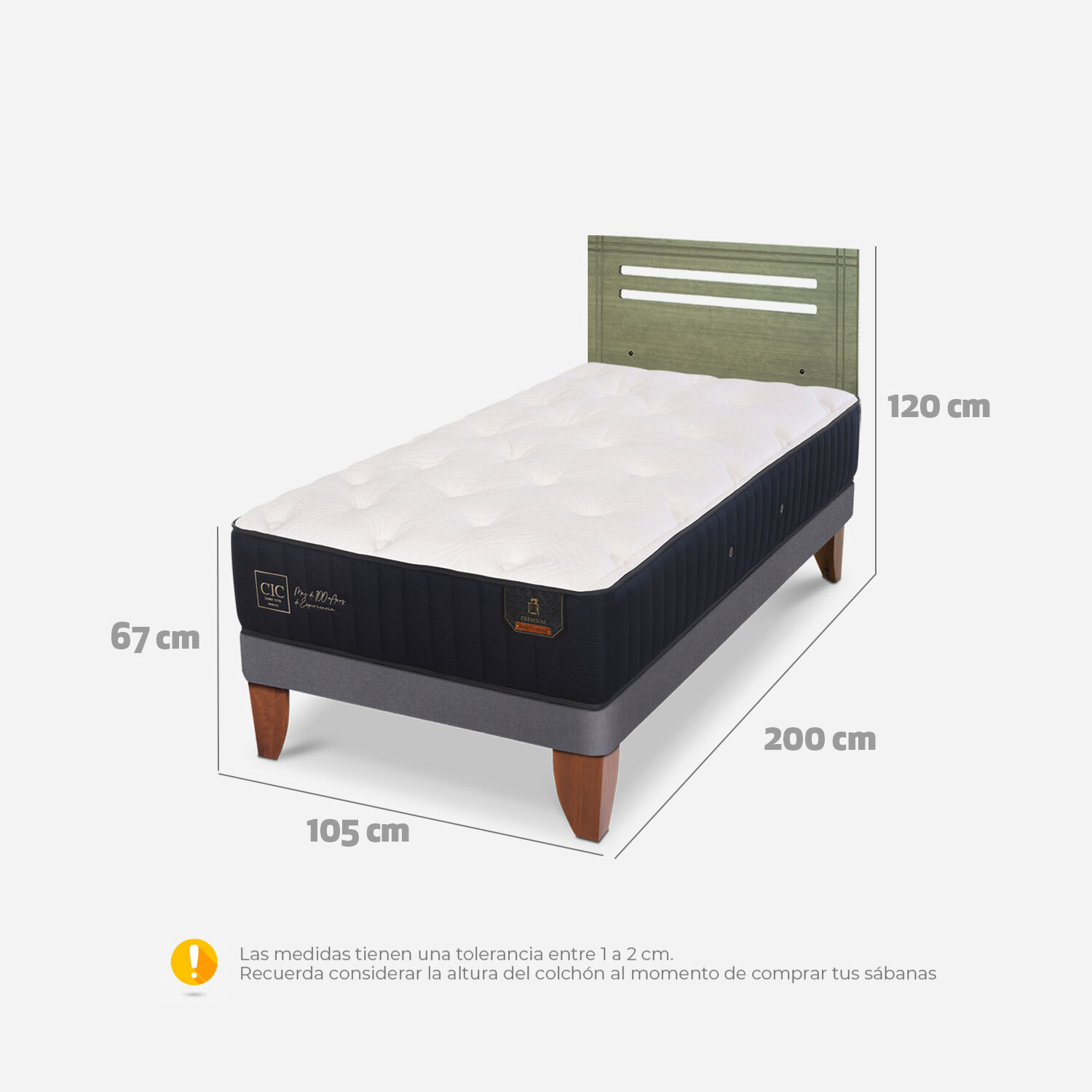 Cama Europea 1,5 Plazas Premium + Respaldo Múnich Olivo