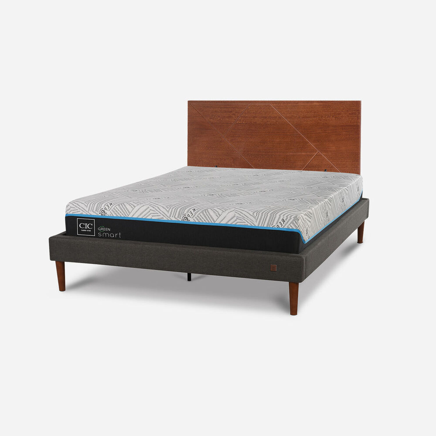 Cama Europea Curve 2 Plazas Infinity Green + Respaldo Villarrica Caramel