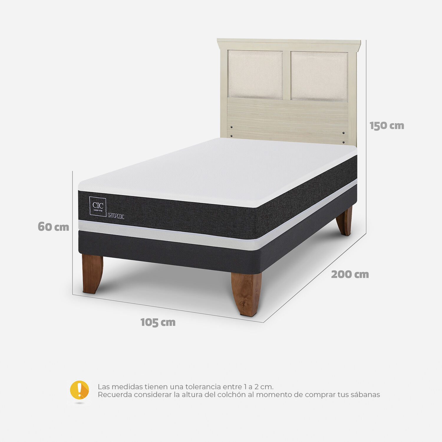 Cama Europea 1.5 Plazas Ortopedic + Respaldo Torino Alpino