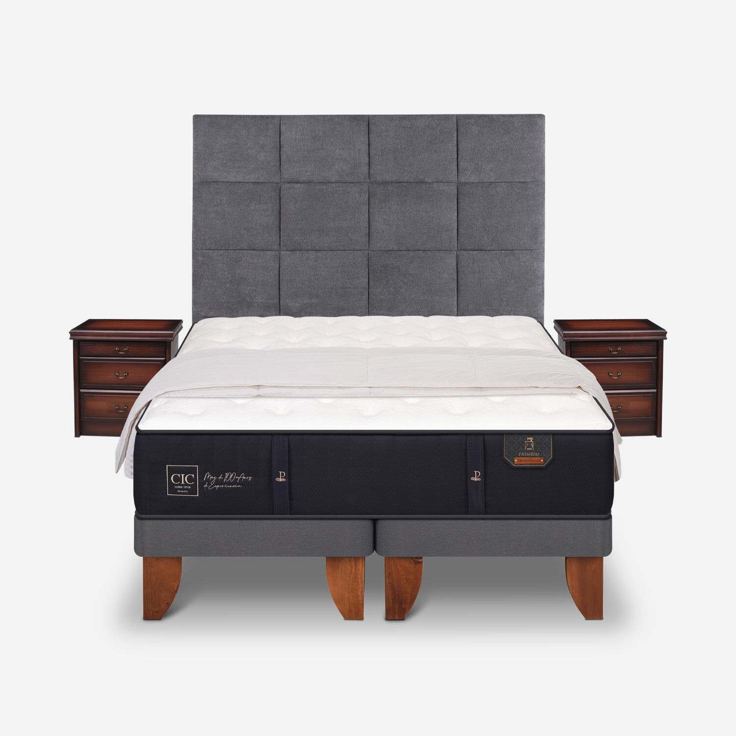 Cama Europea 2 Plazas Base Dividida Premium + Set Támesis + Almohadas 15% Pluma de Ganso