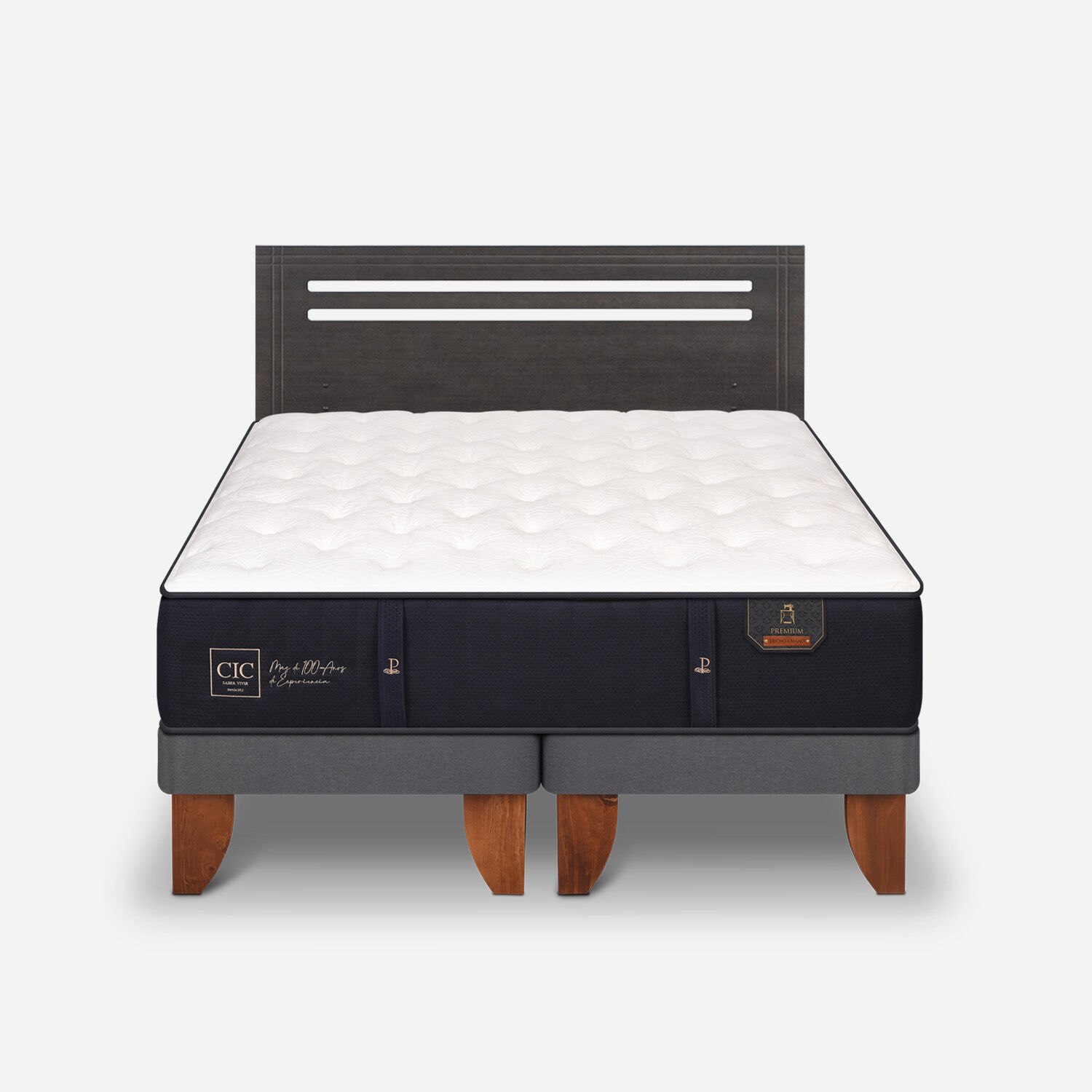 Cama Europea 2 Plazas Premium Base Dividida + Respaldo M&uacute;nich Gris