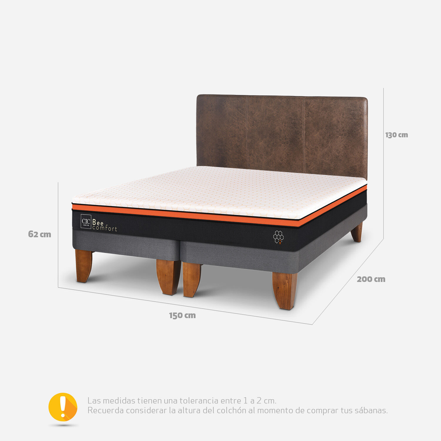 Cama Europea 2 Plazas Bee Comfort Base Dividida + Respaldo Baker