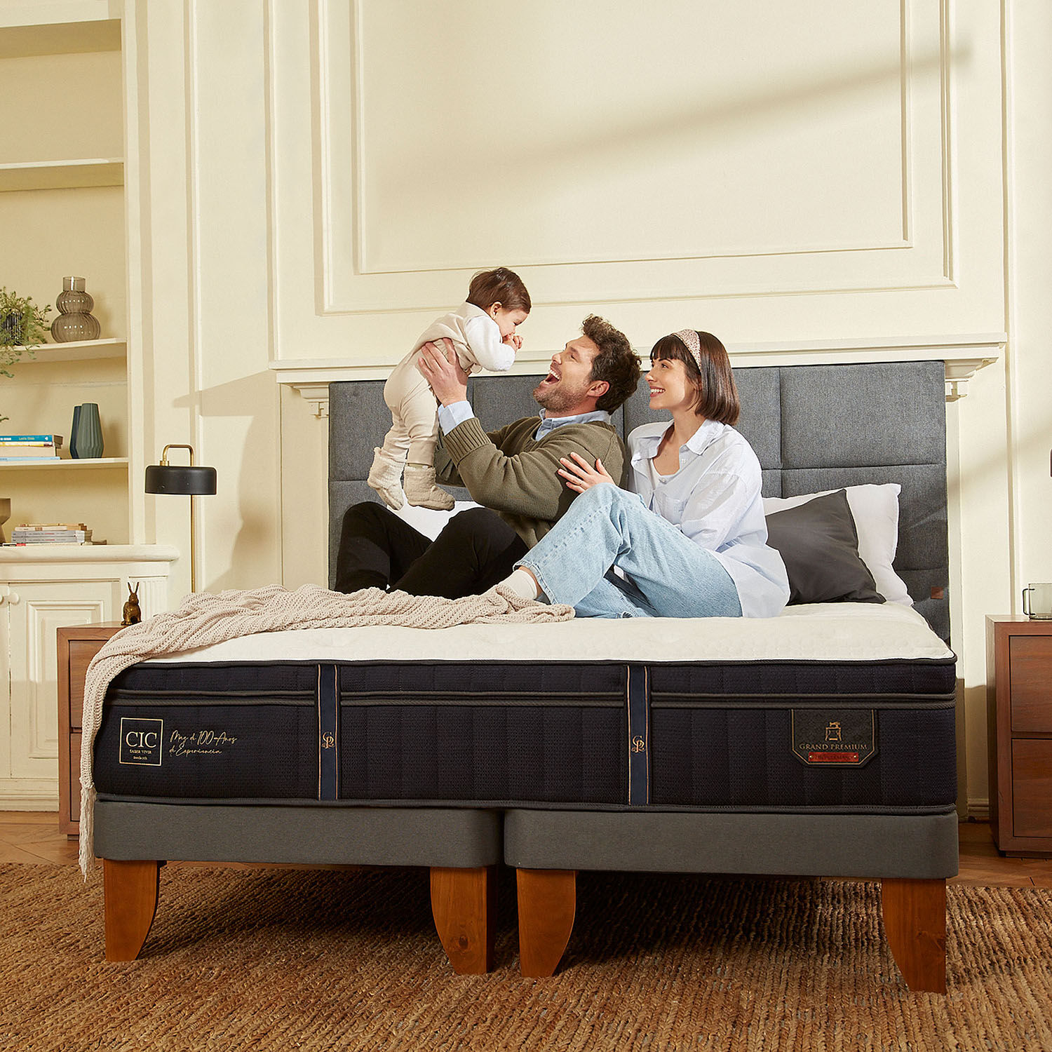 Cama Europea 2 Plazas Grand Premium Base Dividida + Respaldo Antique