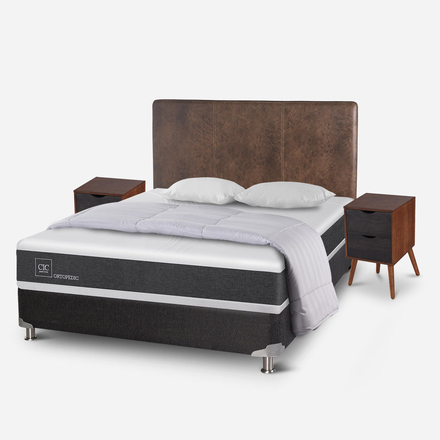 Box Spring 2 Plazas Ortopedic Base Normal 5 Zonas + Almohadas + Plum&oacute;n + Set Baker