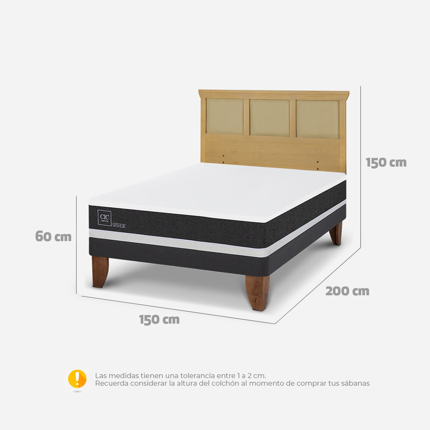 Cama Europea 2 Plazas Ortopedic Base Normal + Respaldo Torino Mostaza