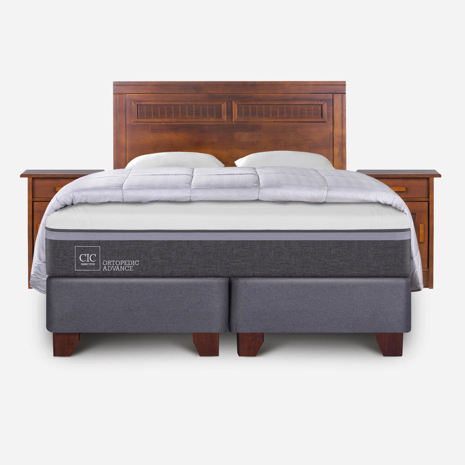 Box Spring King Ortopedic Advance + Set Mil&aacute;n Caramel + Almohadas + Plum&oacute;n