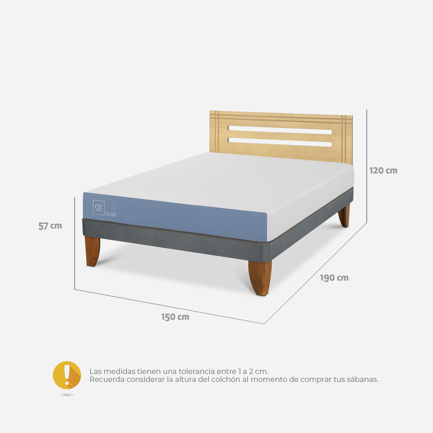 Cama Europea 2 Plazas Excellence Base Normal + Respaldo Múnich Mostaza