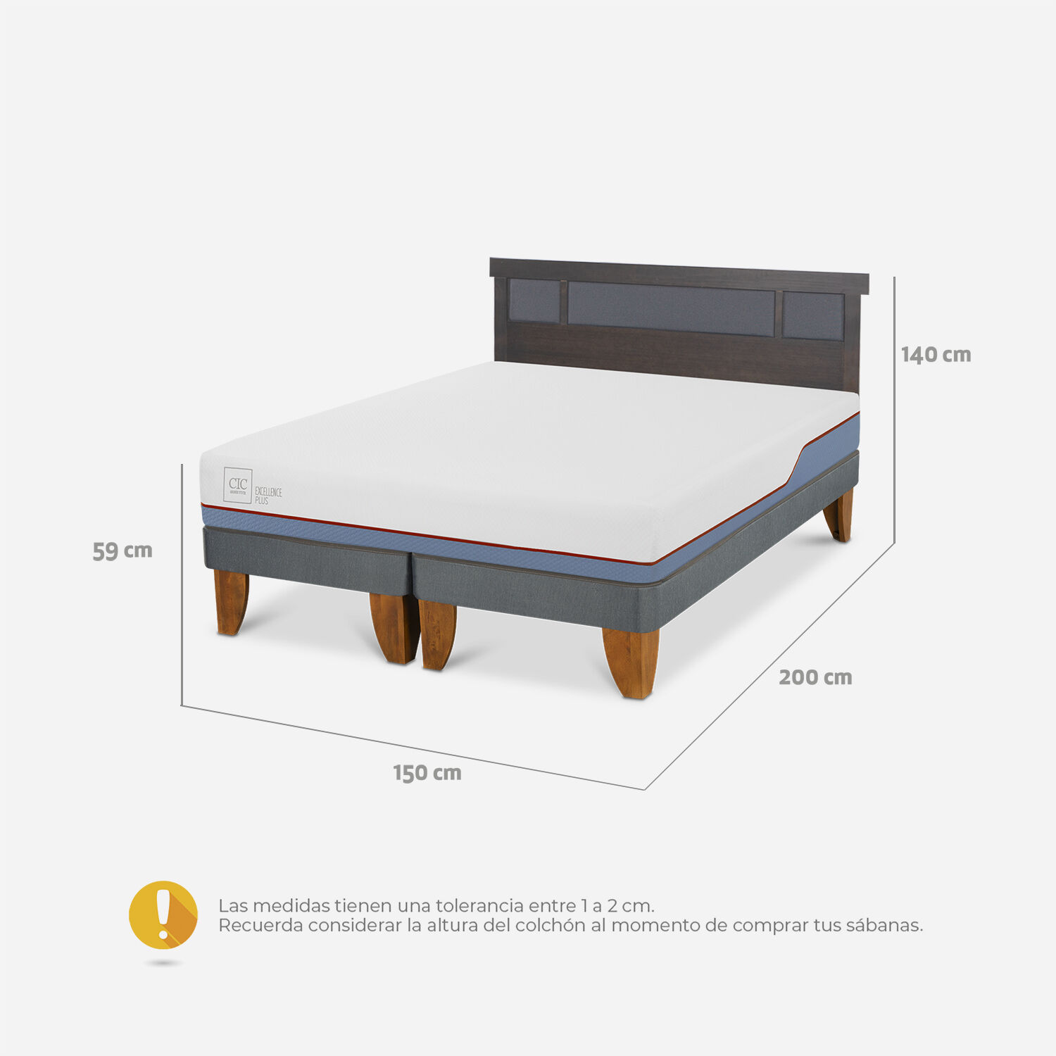 Cama Europea 2 Plazas Excellence Plus Base Dividida + Respaldo Dubl&iacute;n Gris