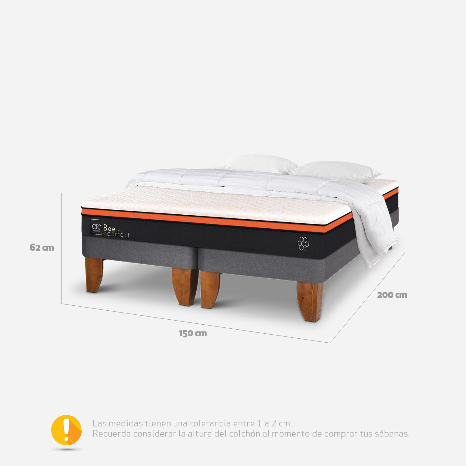 Cama Europea 2 Plazas Bee Comfort Base Dividida + Almohadas Viscoel&aacute;sticas + Plum&oacute;n