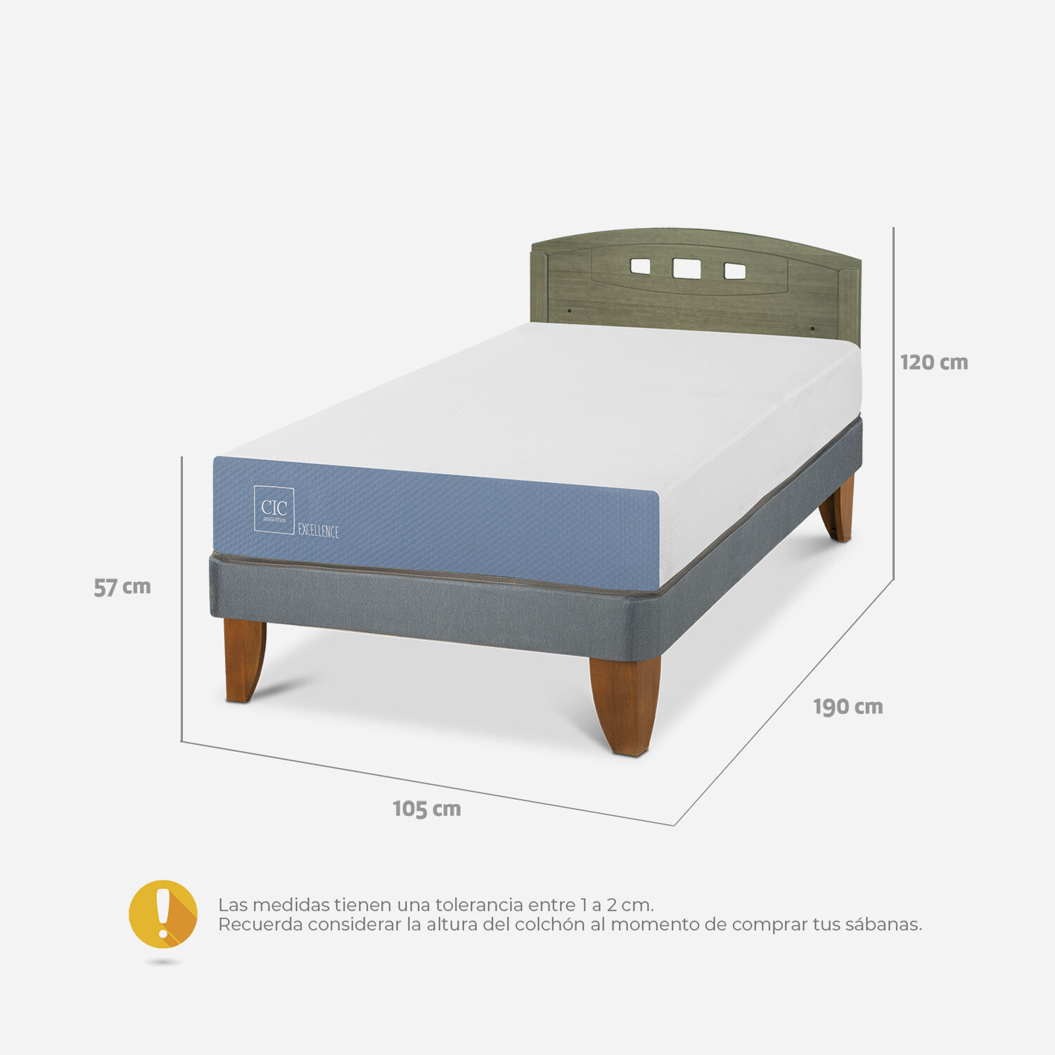 Cama Europea 1,5 Plazas Excellence + Respaldo Gales Olivo
