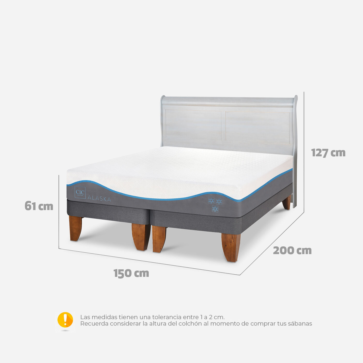 Cama Europea 2 Plazas Alaska Base Dividida + Respaldo Miró Alpino