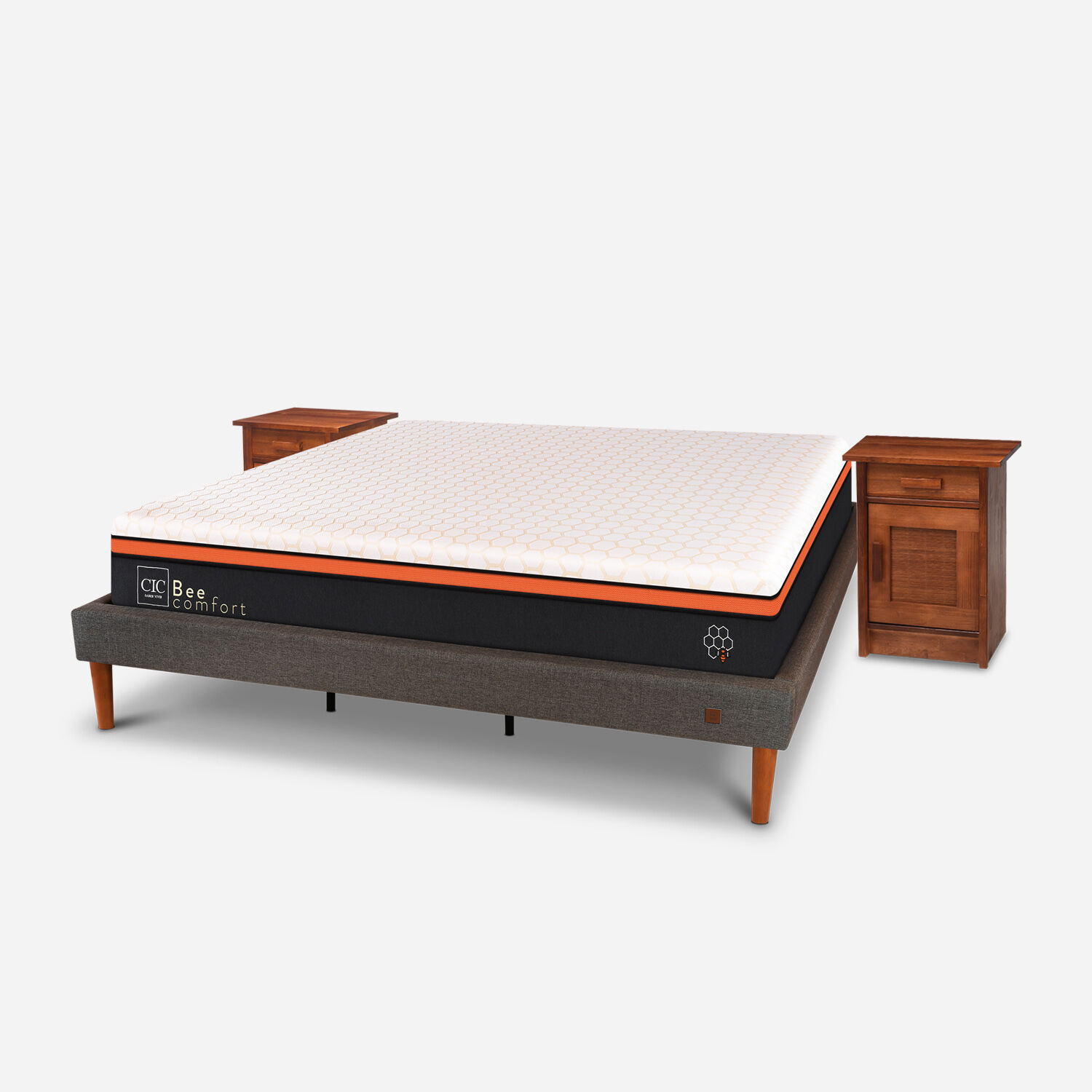 Cama Europea Curve King Bee Comfort + Veladores Mil&aacute;n Caramel