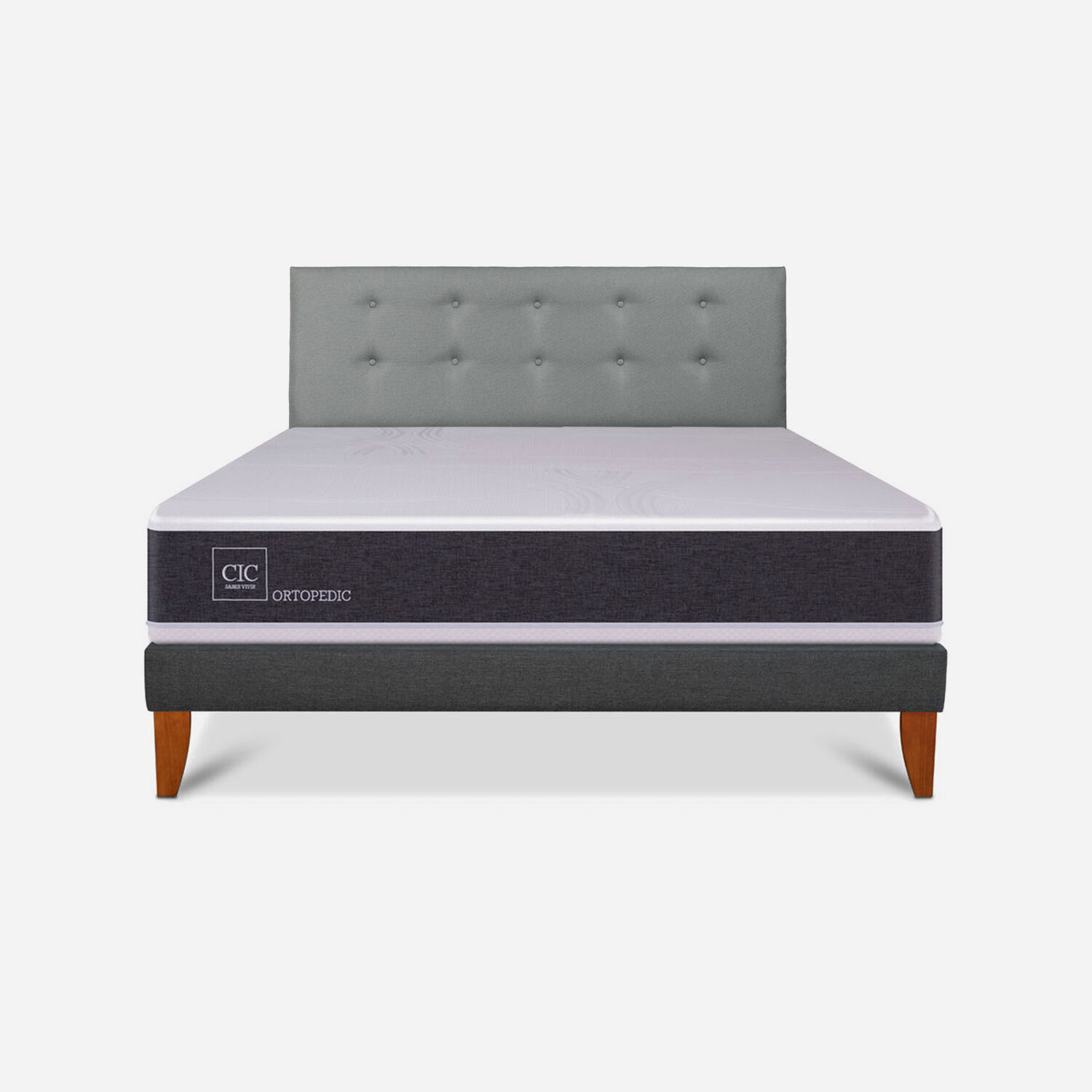 Cama Europea Box New Ortopedic King + Respaldo Tapiz Gris