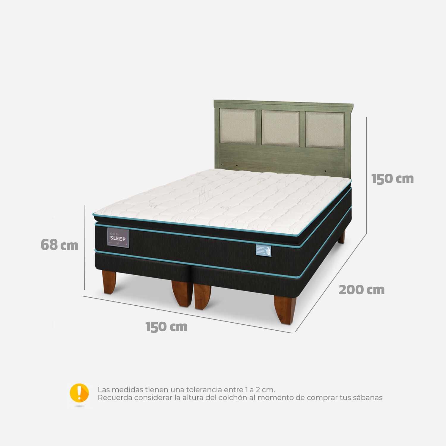 Cama Europea 2 Plazas Green Sleep Base Dividida + Respaldo Torino Olivo