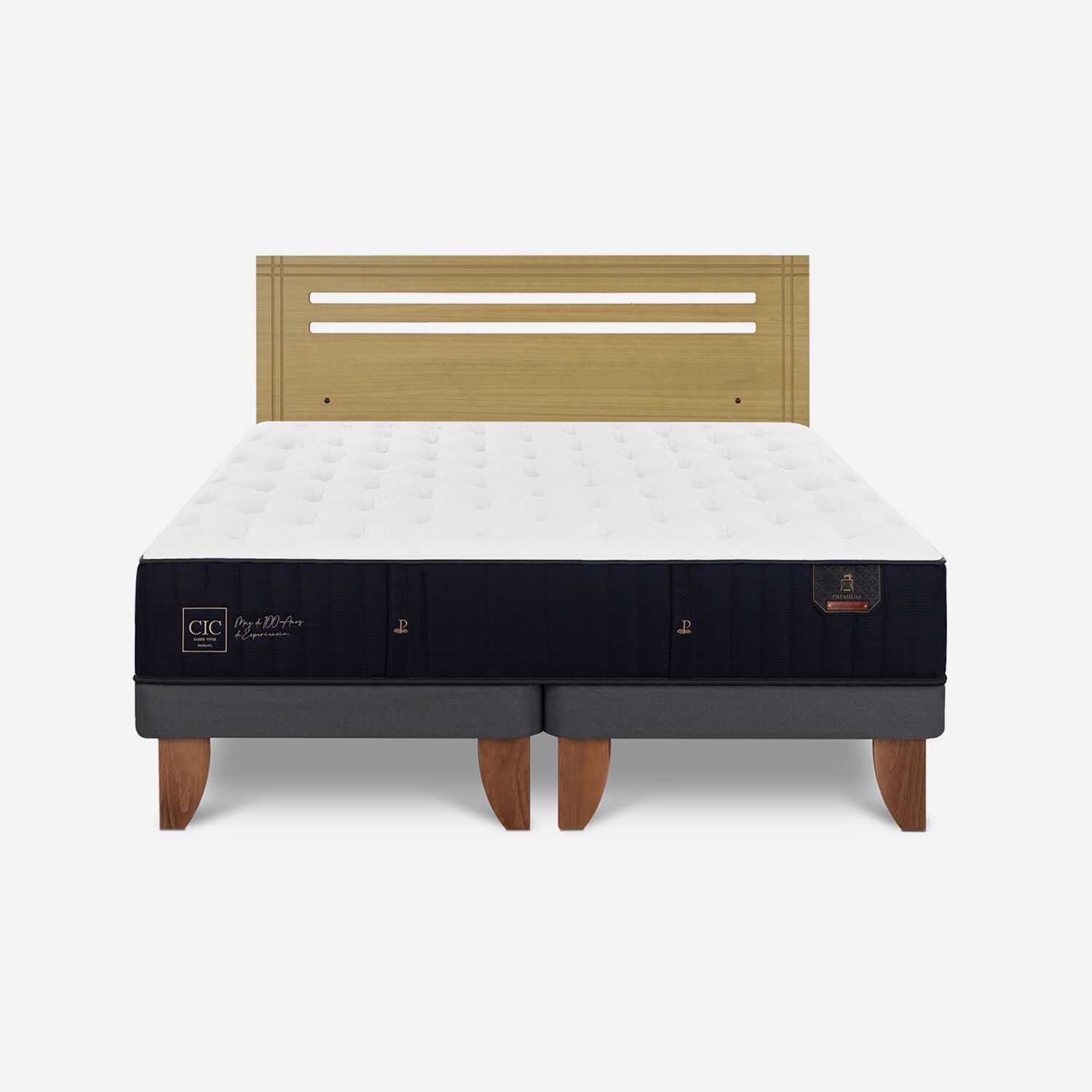 Cama Europea 2 Plazas Premium Base Dividida + Respaldo Múnich Mostaza