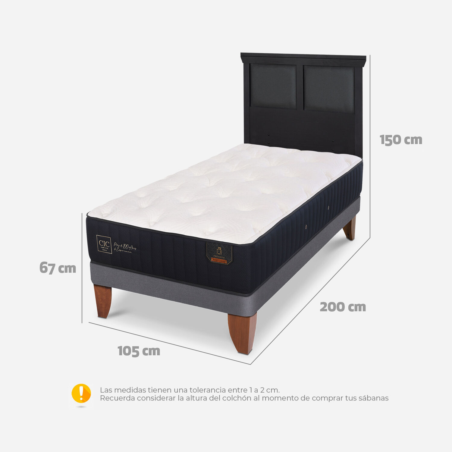 Cama Europea 1,5 Plazas Premium + Respaldo Torino Negro