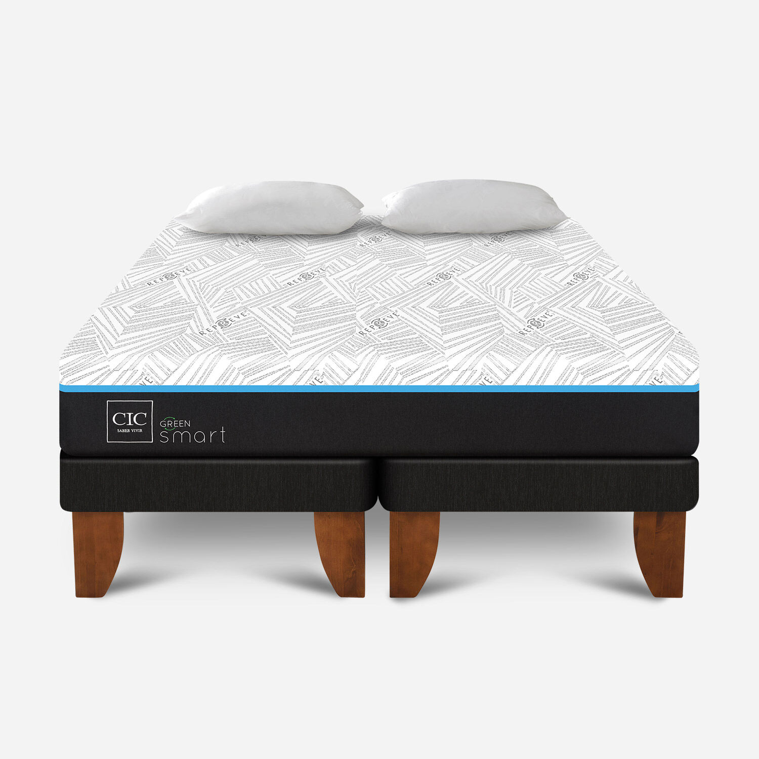 Cama Europea 2 Plazas Infinity Green Base Dividida + Almohadas Viscoel&aacute;sticas