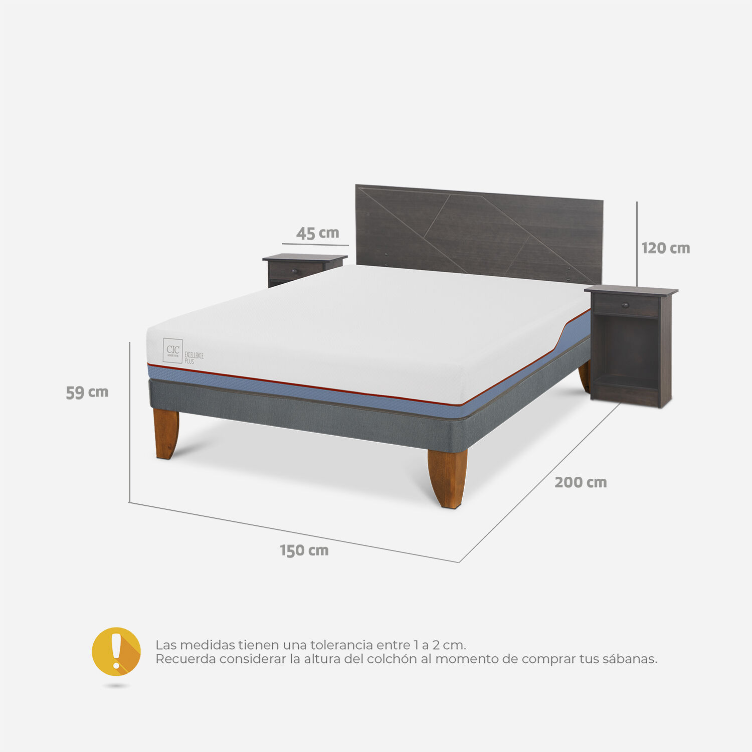 Cama Europea 2 Plazas Excellence Base Normal + Set Villarrica Gris